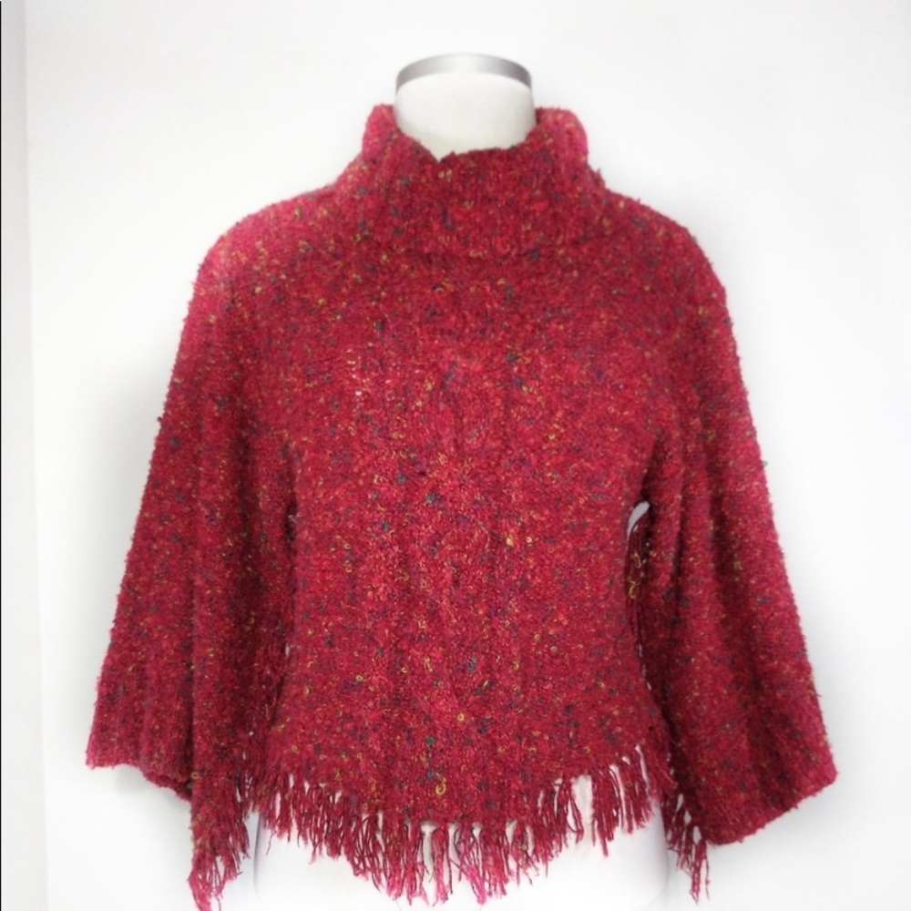 CURIO Red Multi Color Fringe Sweater Sz M